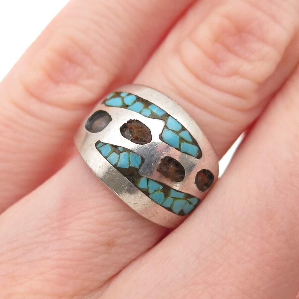 Old Pawn 925 Sterling Vintage Turquoise Coral Inlay Ring Size 5 (missing stone)
